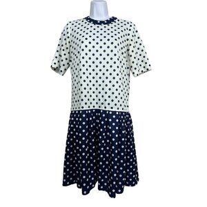Vintage 60s 70s Mod Polka Dot Drop‎ Waist Dress Sz M Navy Blue White Twiggy USA